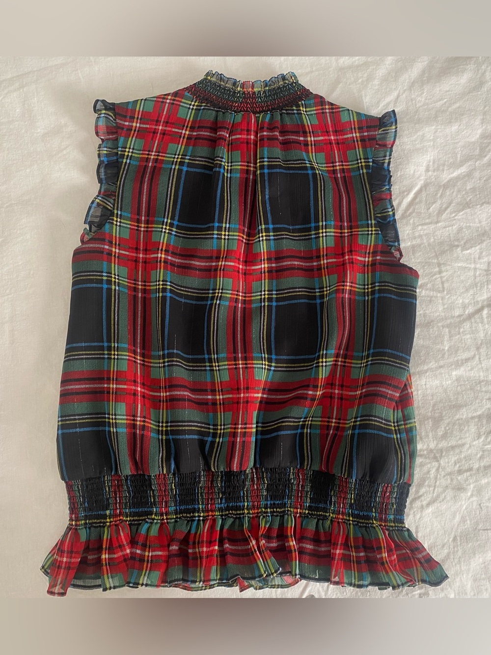 Plaid Ruffle-Hem Sleeveless J Crew Top - Red/Black/Gold Metallic - Picture 3 of 5
